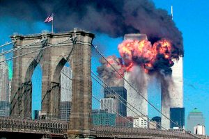 Imageof the Twin towers Sept 11 explosion with Bklyn Bridge