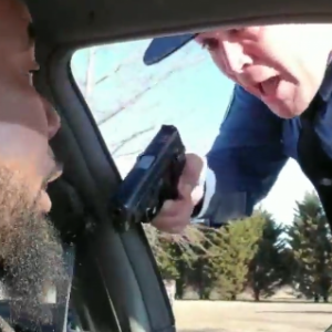 Policeman draws gun on black driver image